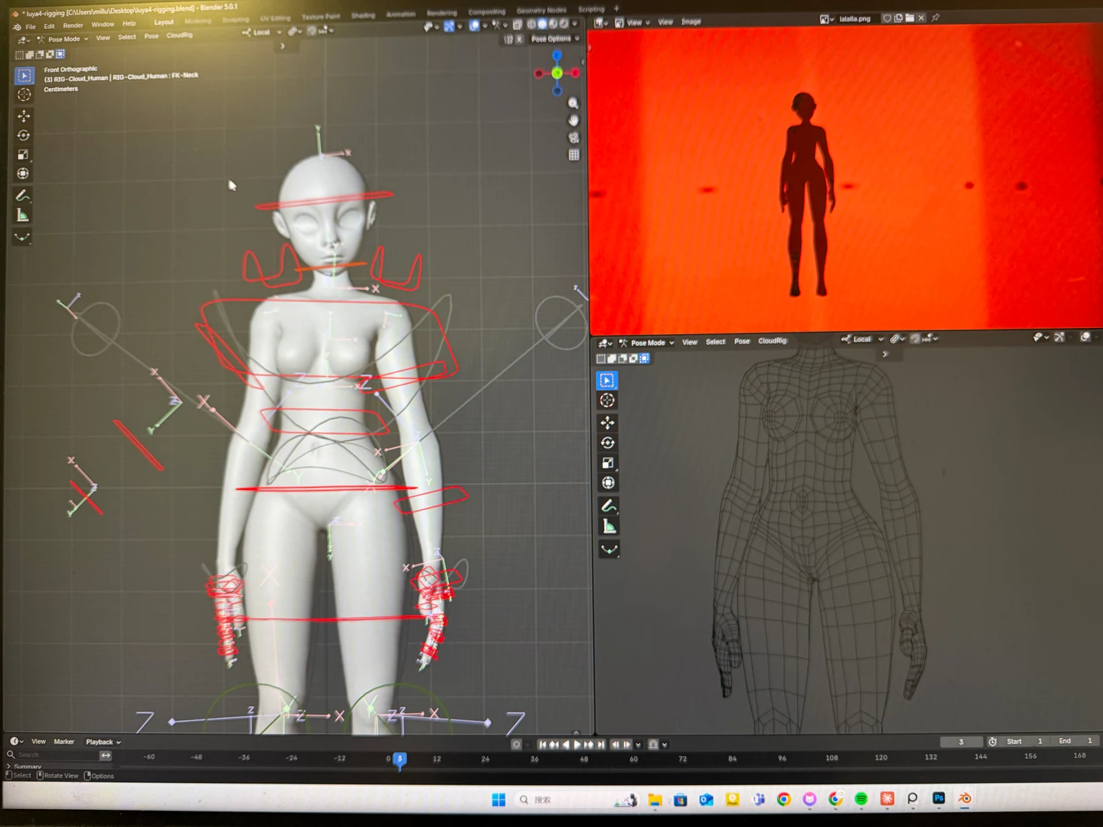 前期使用 Blender 制作了高精度角色模型,并完成骨骼绑定。
但考虑到后续表演主要以剪影形式呈现,所以目前我决定简化模型细节,改用更轻量的 Lowpoly 角色,保留身体轮廓与动作表现。